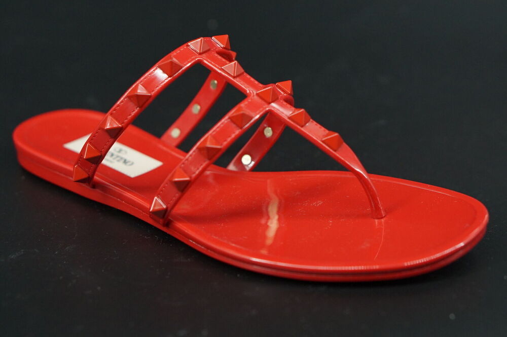 Valentino Rockstud Gladiator Thong Jelly PVC Sandals SZ 36 New Red Rosso $495